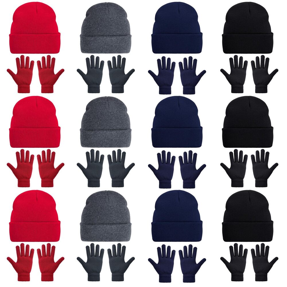 2051 24 Pack Winter Beanie Hats and Gloves Set, Knit Skull Caps and Warm
